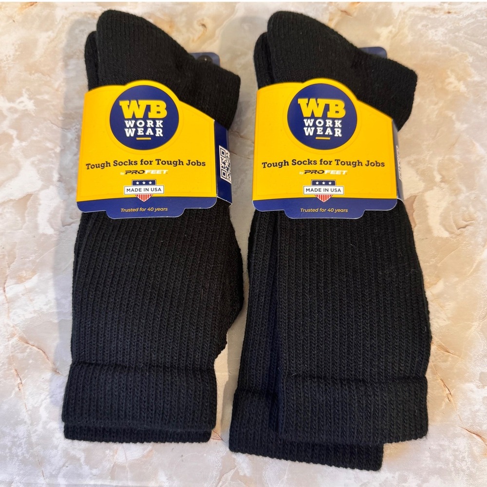 WB Work Wear Crew Socks Mens XL Black Tough Durable Cushioned 2 Pair Pack